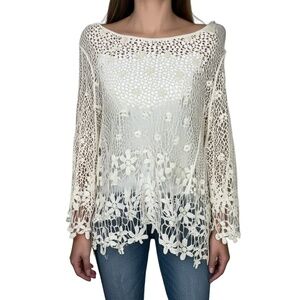 Marci Crochet Top Womens Size‎ M Cream Open Weave Floral Pattern Boho Festival